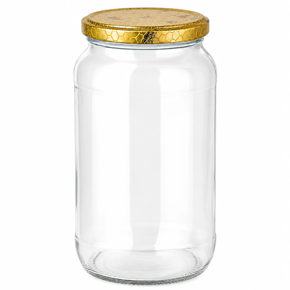 1062ml Rundglas mit goldenem Bienenwabe Deckel - leeres Honigglas Einmachglas transparent BasicSeal Verschluss