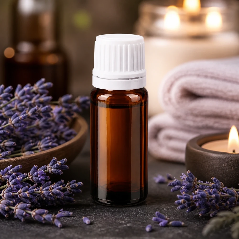 Lichtschutzflasche 10ml in Braunglas mit OV-Verschluss weiß für Lavendelöl und Naturkosmetik