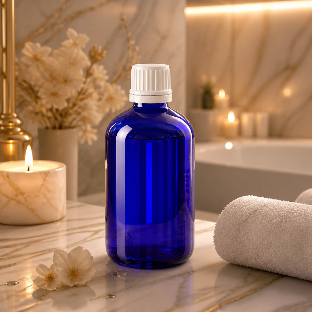 Apothekenflasche blau 100ml Schraubverschluss weiß Originalitätsverschluss Blaue Apothekerflasche 100ml mit kindersicherem Schraubdeckel in elegantem Spa-Ambiente mit Kerzen