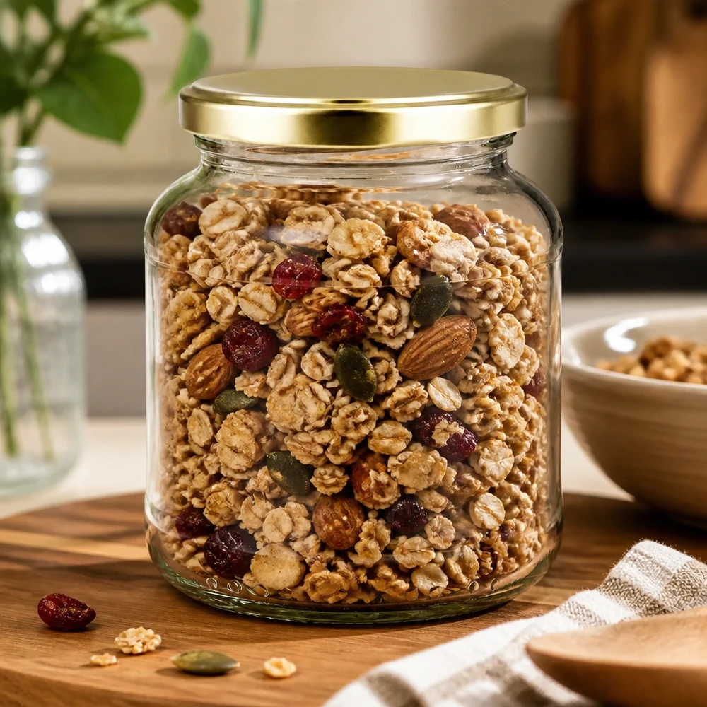 370ml Ovalglas mit BasicSeal Deckel gold UNiTWIST 370ml Ovalglas mit goldenem BasicSeal Deckel gefüllt mit Nuss-Trockenfrüchte-Mix - UNiTWIST Vorratsglas für Müsli