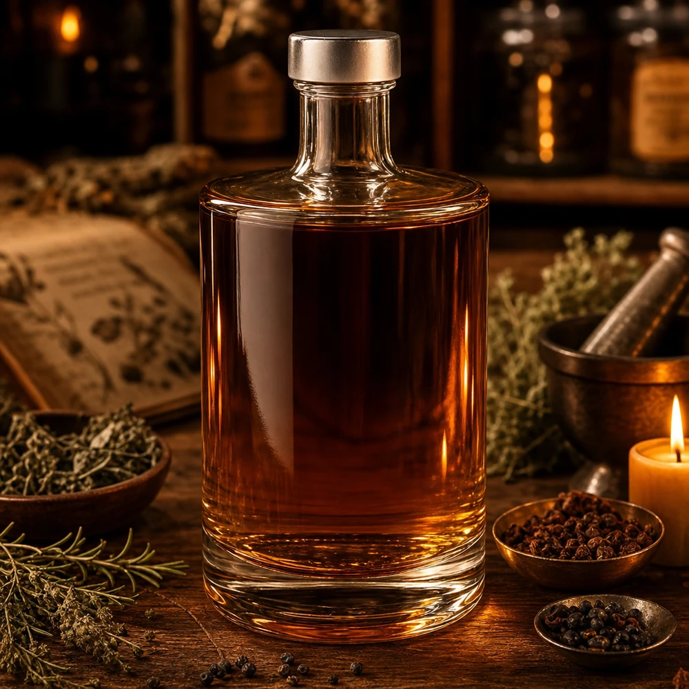 500ml Glasflasche Sam mit braunem Whisky gefüllt zwischen Gewürzen und Kerzenschein Ambiente Szene