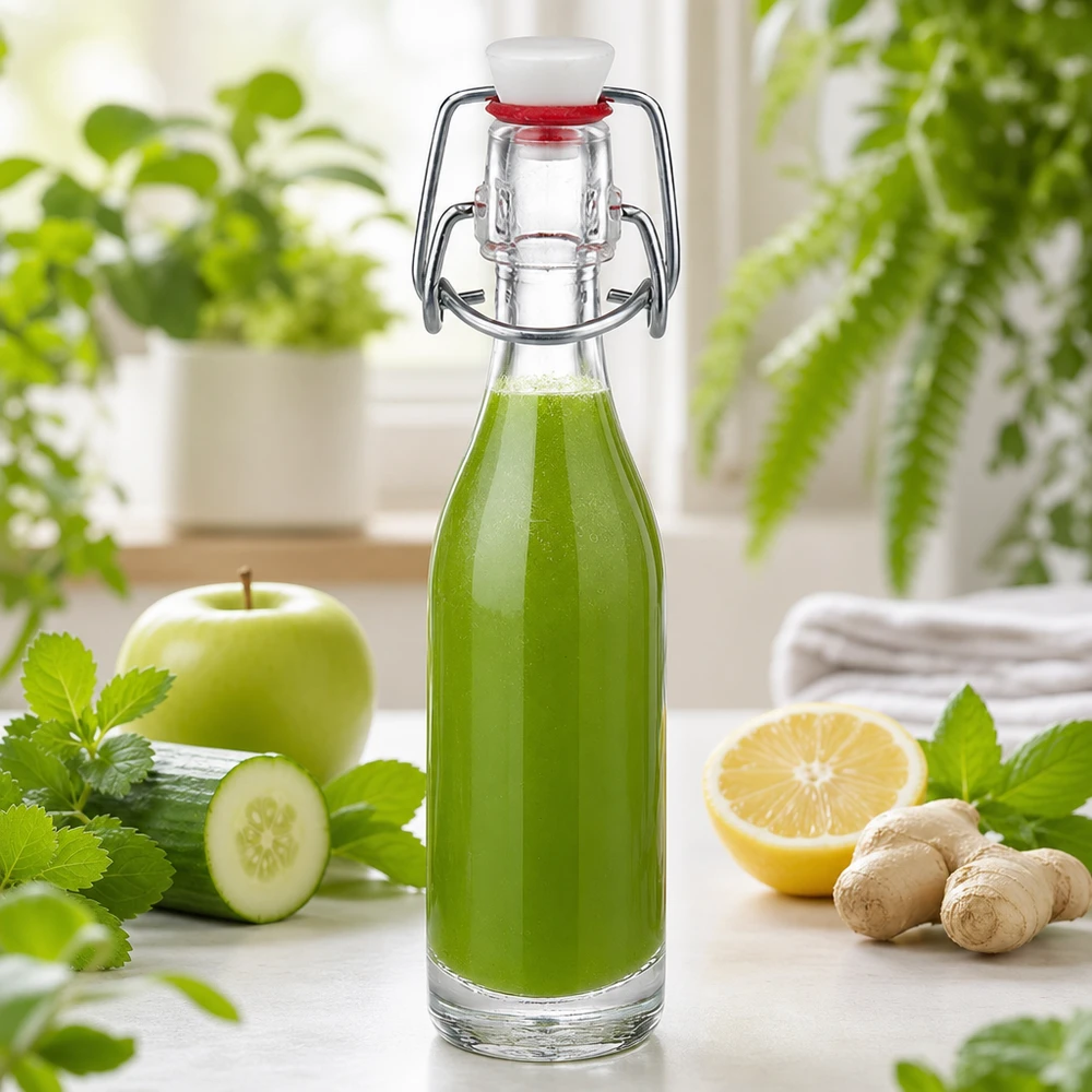 50ml Glasflasche und Bügelverschluss PVC UNiTWIST 50ml Glasflasche UNiTWIST mit grünem Smoothie gefüllt neben Gurke Apfel Ingwer und Zitrone als gesunde Getränkeoption