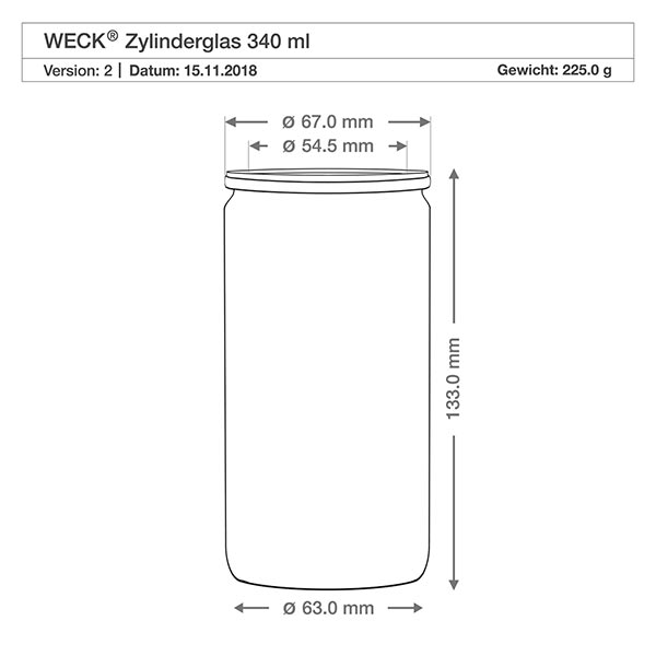 340ml Zylinderglas WECK RR60 Technische Zeichnung WECK Zylinderglas 340ml mit Maßangaben Höhe 133mm Durchmesser 63mm Gewicht 225g RR60