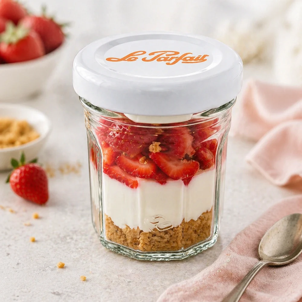 Mini-Sturzglas Le Parfait 44ml als Dessertglas mit Erdbeeren, Creme und Keksboden - vielseitig verwendbar