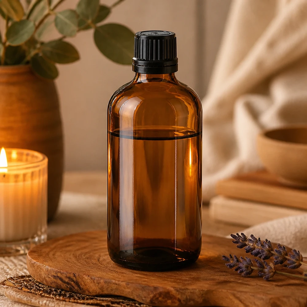 Apothekenflasche braun 100ml Schraubverschluss schwarz Giessring Originalitätsverschluss Braunglas Tropfflasche 100ml mit schwarzem Schraubverschluss auf rustikalem Holztablett