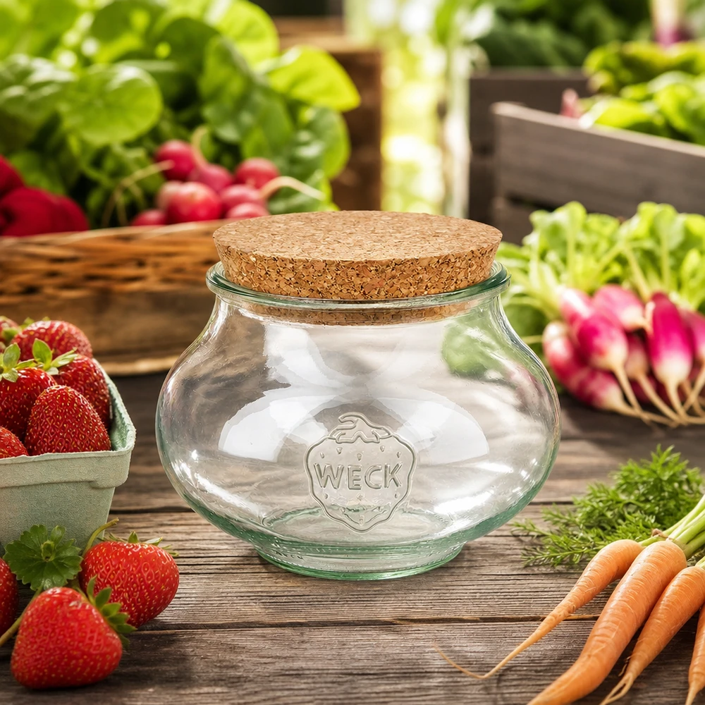 WECK RR100 Vorratsglas 1062ml Lifestyle Szene mit frischem Gemüse Obst Korken Deckel Küche Aufbewahrung