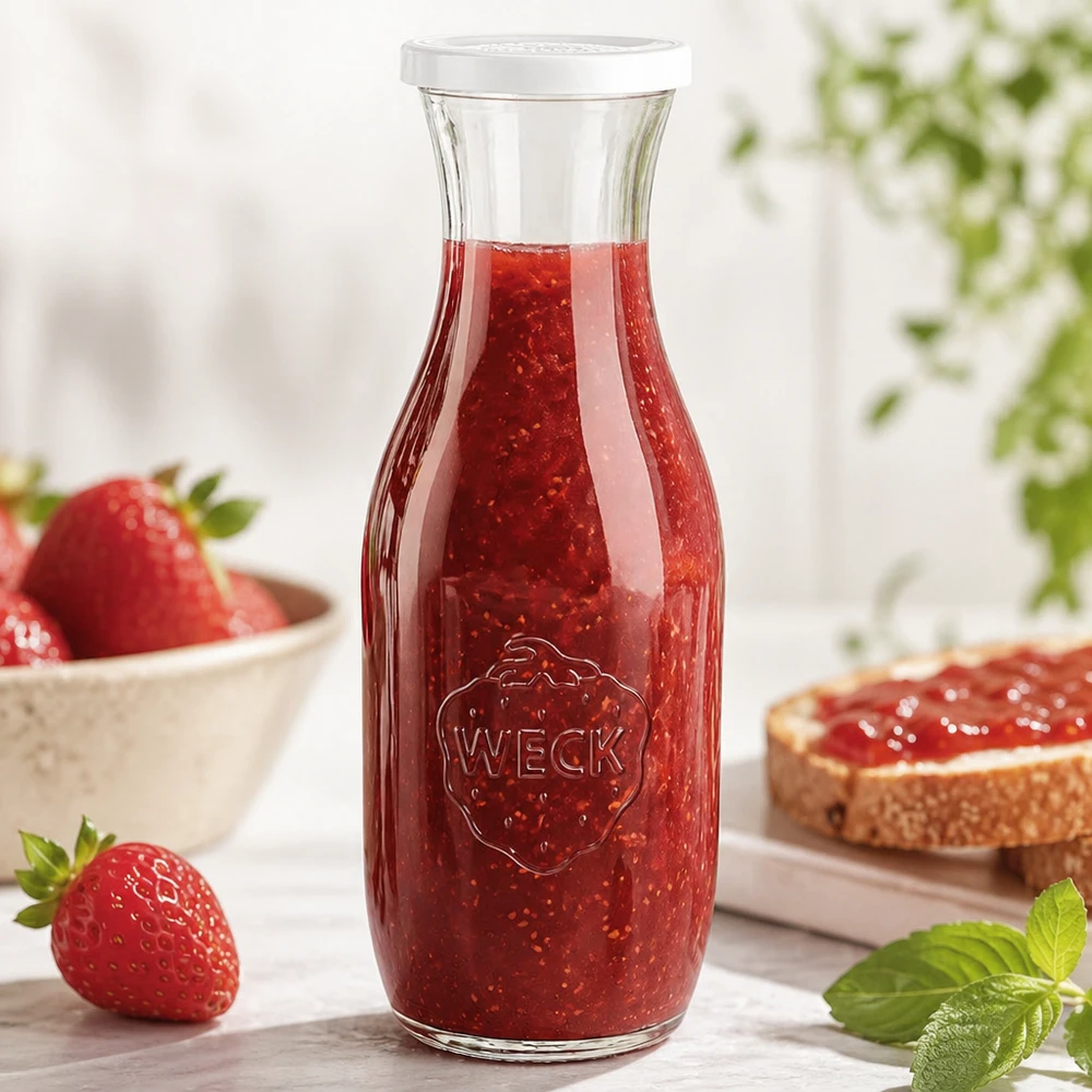 WECK Glasflasche 1062ml mit Erdbeermarmelade gefüllt neben frischen Erdbeeren und Brot mit Aufstrich