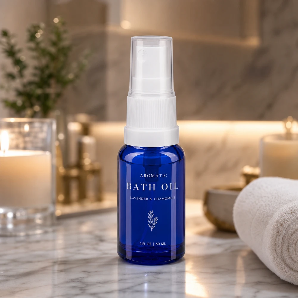 Blaue 10ml Glasflasche mit weißem Sprühaufsatz ideal für Badöle und Wellnessprodukte