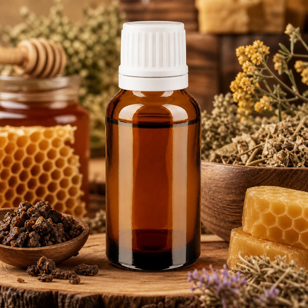 Kleine braune Apothekerflasche 20ml mit OV weiß neben Propolis Bienenwaben und Heilkräutern