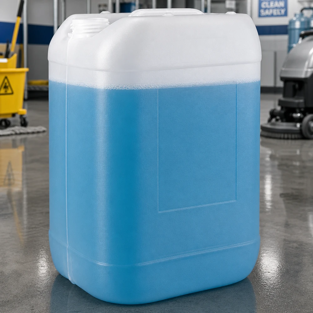 Befüllter Kunststoffkanister 25 Liter mit blauem Inhalt neben Bodenreinigungsmaschine
