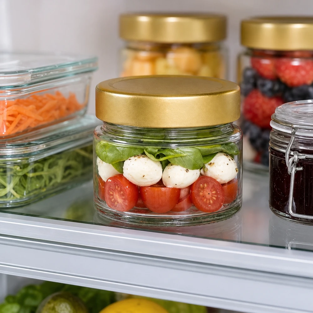 80ml Rundglas mit BasicSeal Deckel gold deep UNiTWIST 80ml Rundglas mit goldenem Deckel zur stilvollen Aufbewahrung von Caprese-Salat im Kühlschrank als praktische Meal-Prep-