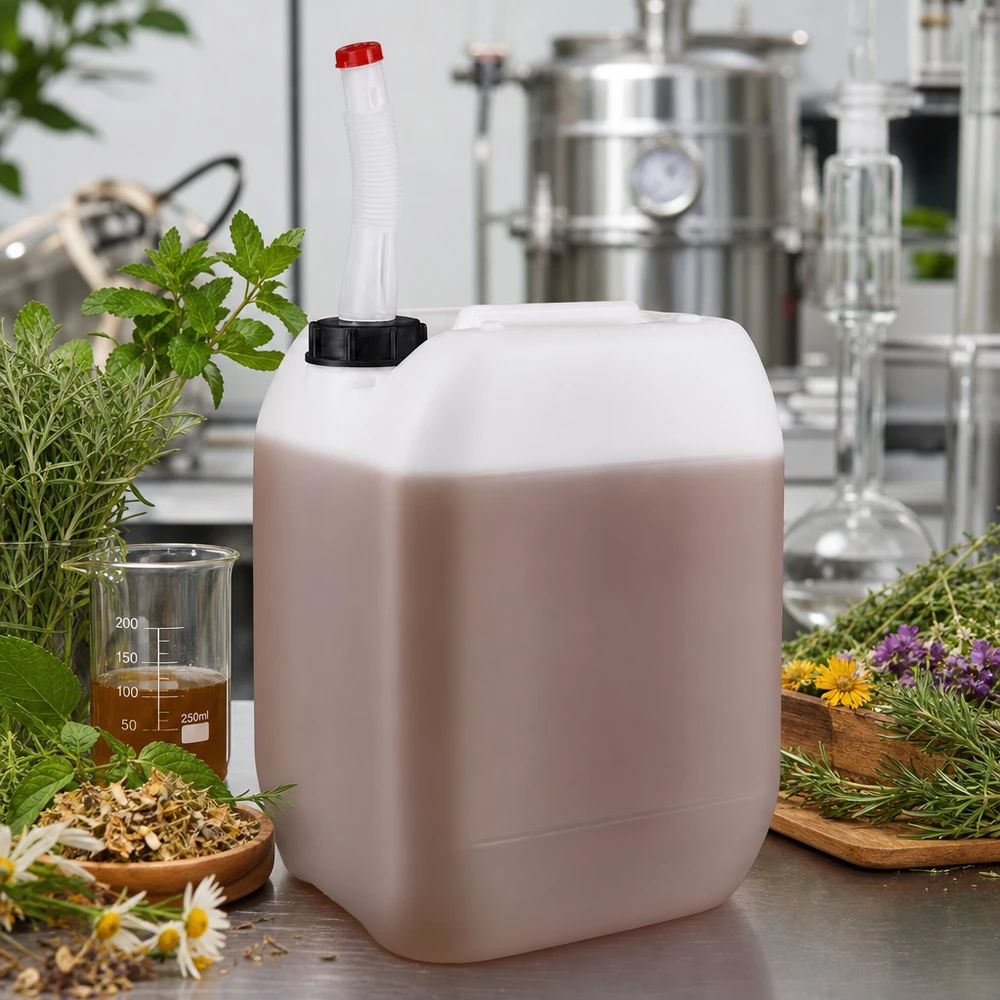 Kanister 10 Liter mit Auslaufrohr Flex Rechteckiger 10 Liter Kanister mit Flex-Auslaufrohr umgeben von frischen Kräutern und Laborgeräten