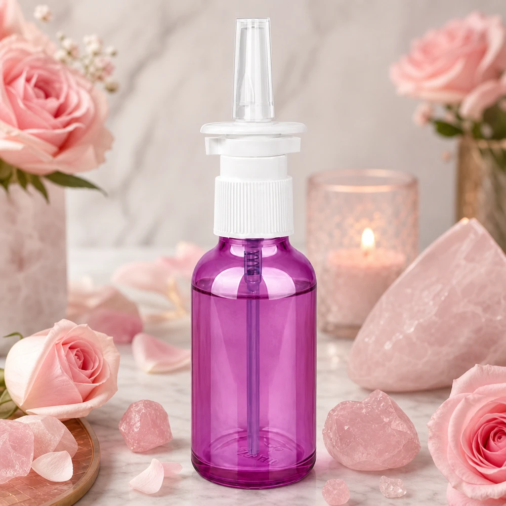 30ml Nasensprayflasche weiß/transparent Standard PurpleLine. UT18/30 Hygienische 30ml Nasensprayflasche mit austauschbarem Sprühaufsatz in modernem Purple-Farbton