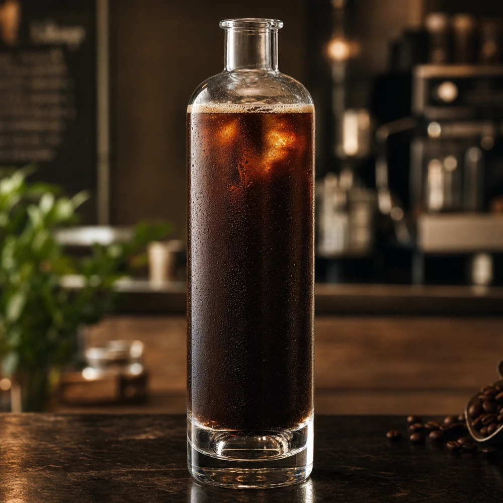 500ml Glasflasche Ella mit Cold Brew Kaffee gefüllt in Küche zylindrische Form ohne Verschluss UNiTWIST Anwendungsbeispi