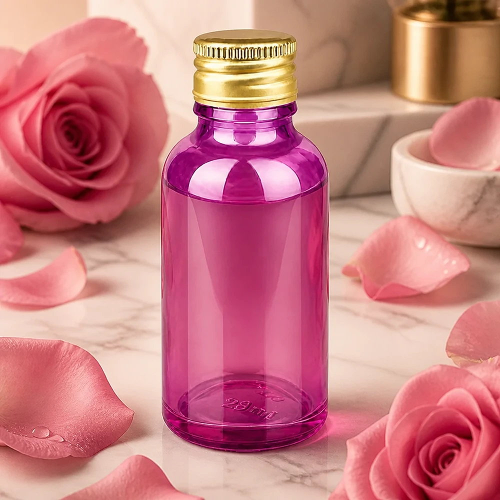 30ml Flasche 11mm Schraubverschluss Alu-Gold Standard PurpleLine. UT18/30 30ml PurpleL Glasflasche runde Form mit Standard-Verschluss und goldener Aluminium-Kappe