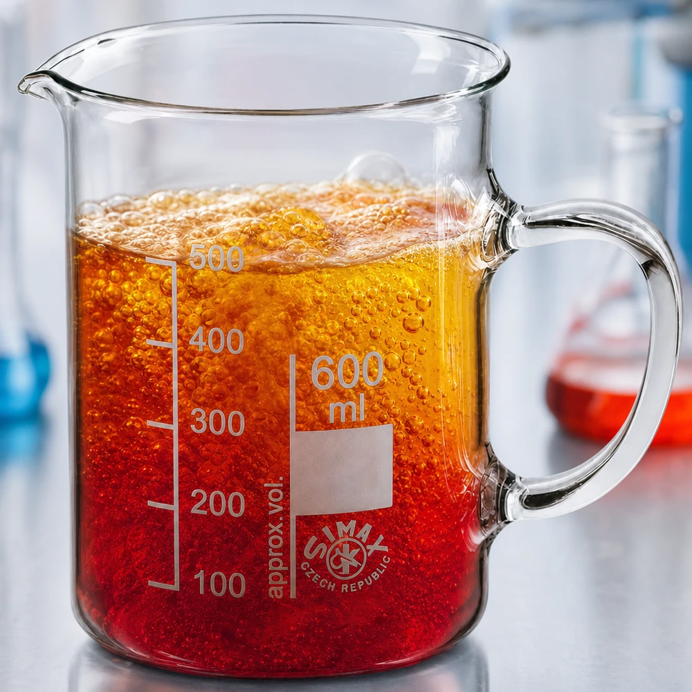 Becherglas 600ml Borosilikatglas, mit Henkel Hitzebeständiges Griffbecherglas 600ml aus tschechischem Simax Borosilikatglas mit Skala