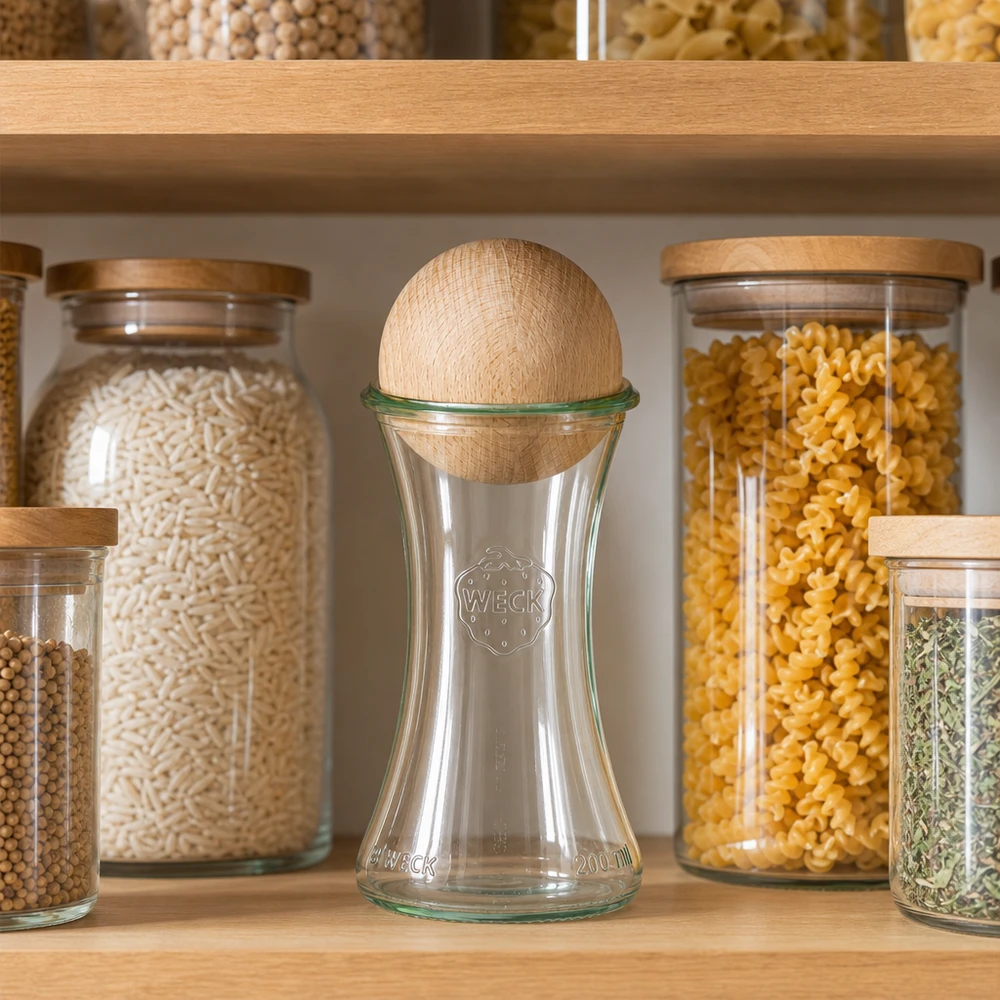 WECK Glas 200ml RR60 mit Holzkugel-Deckel im Vorratsregal zwischen gefüllten Aufbewahrungsgläsern mit Pasta und Reis
