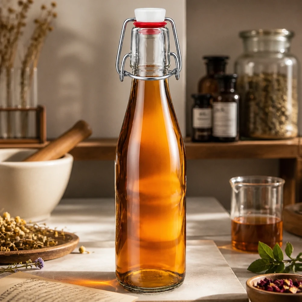 250ml Glasflasche und Bügelverschluss Porzellan UNiTWIST 250ml Glasflasche mit Bügelverschluss gefüllt mit bernsteinfarbener Flüssigkeit in rustikaler Küche mit Gewürzen