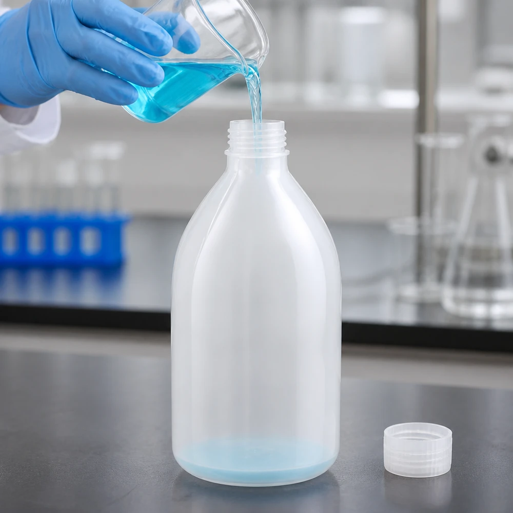 1000ml Laborflasche Enghals ohne Verschluss 1000ml HDPE Laborflasche Enghals mit abgeschraubtem Schraubdeckel auf Labortisch