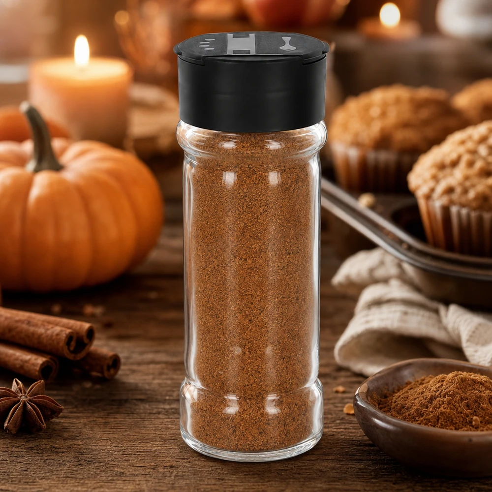 Klarglas-Streuer 100ml mit braunem Kürbisgewürz und schwarzem Kunststoffdeckel auf Holztisch