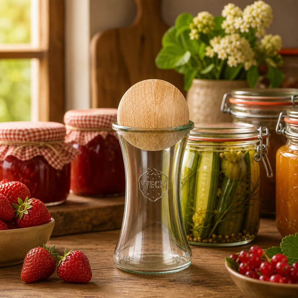 WECK Glas 200ml RR60 in rustikaler Küche mit Einmachgläsern, Erdbeeren und Marmelade als Dekoration