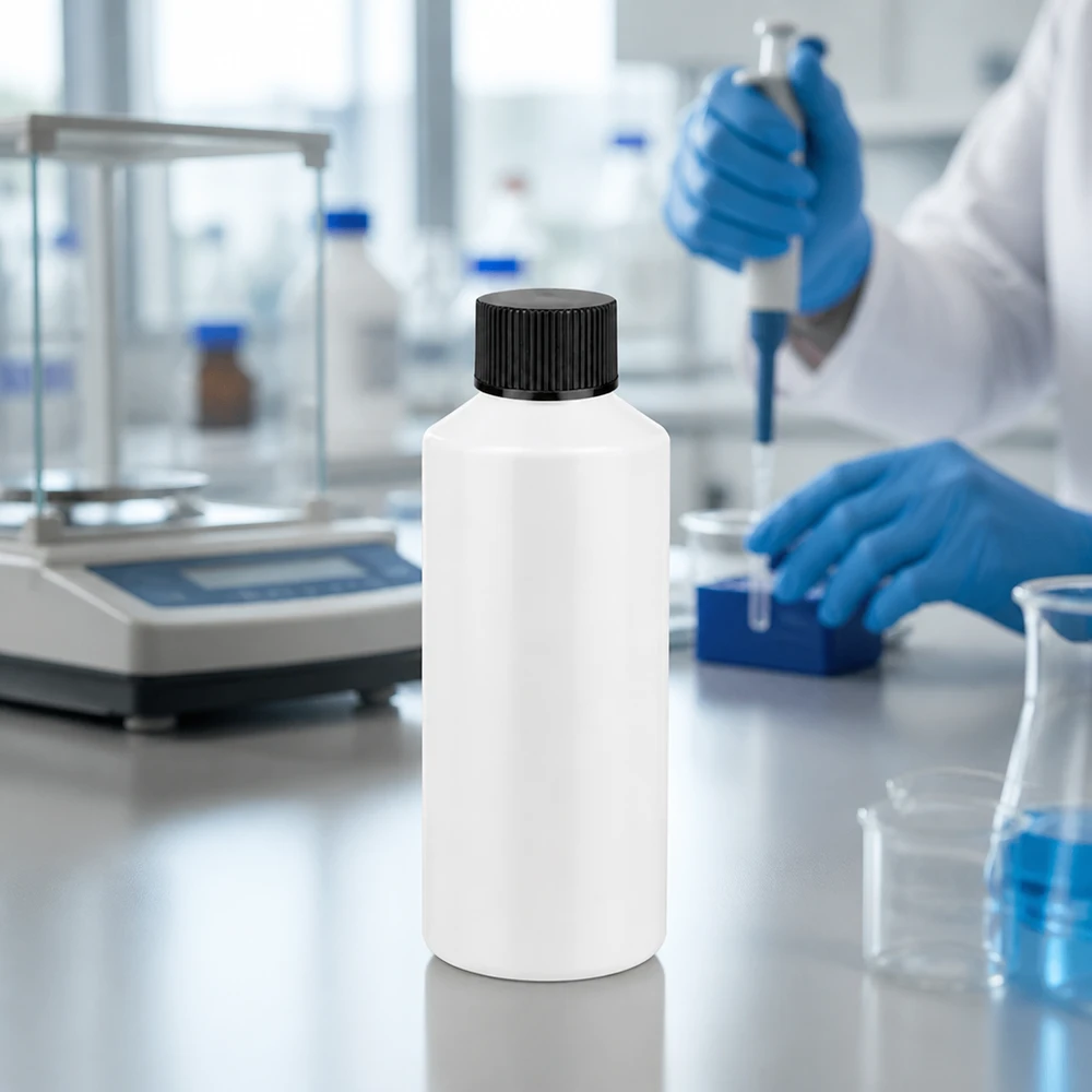 Apothekenflasche HDPE 100ml weiß, mit schwarz Schraubverschluss Weiße opake HDPE Flasche 100ml mit schwarzem SV vor Analysenwaage im Forschungslabor