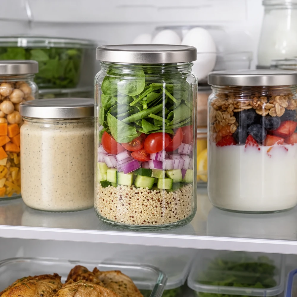 305ml Rundglas mit BasicSeal Deckel als Meal Prep Behälter für Salat im Kühlschrank mit Schichtsystem