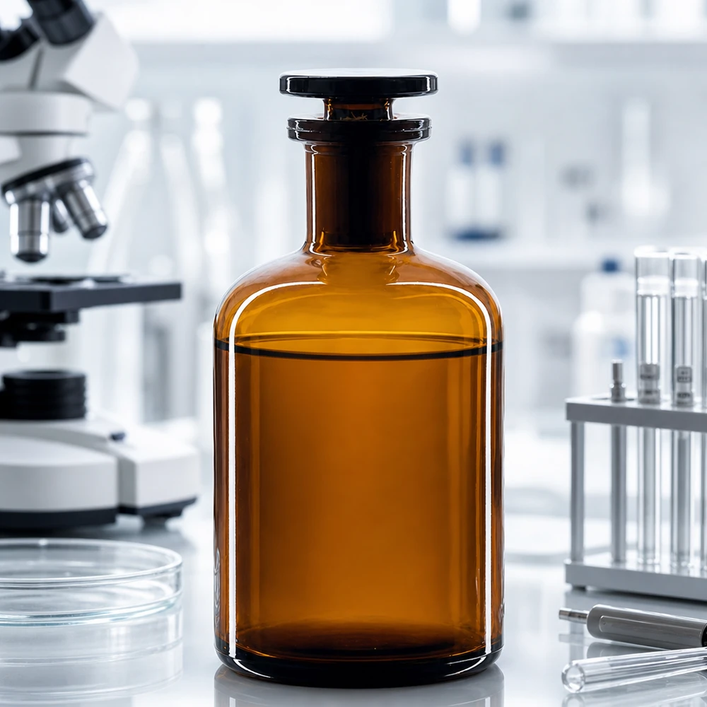 Kompakte Rundschulterflasche 100ml braun Enghals Glasstopfen neben Petrischalen und Reagenzgläsern