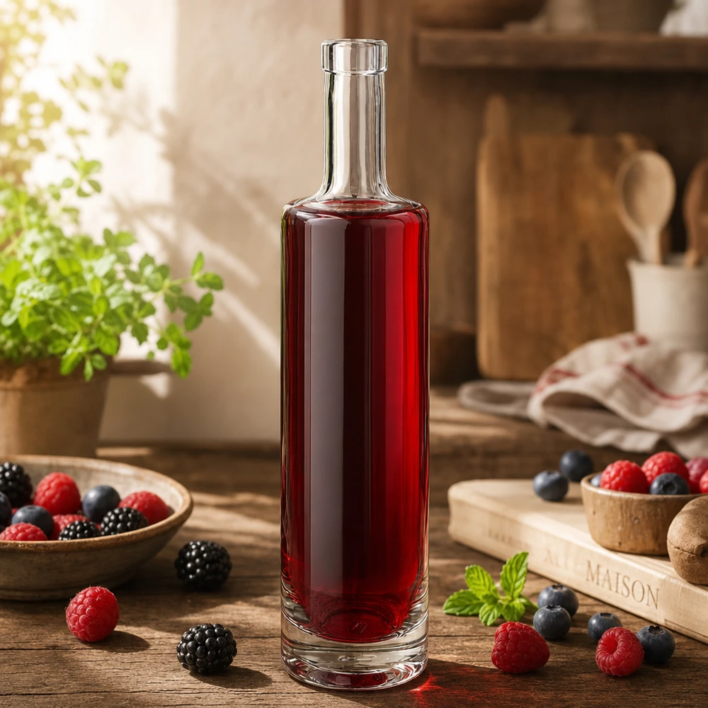 500ml Glasflasche "Centurio" ohne Verschluss UNiTWIST® 500ml Glasflasche Lina mit rotem Beerensaft gefüllt umgeben von frischen Beeren in rustikaler Küchenatmosphäre Bild 5