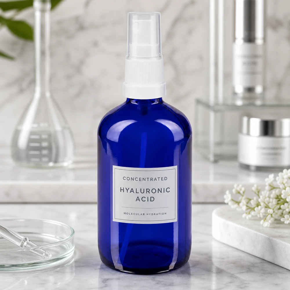 Apothekenflasche blau 100ml Sprayaufsatz weiß Kleine blaue Apotheker Glasflasche 100ml mit Zerstäuber als Verpackung für Hyaluronsäure Produkte