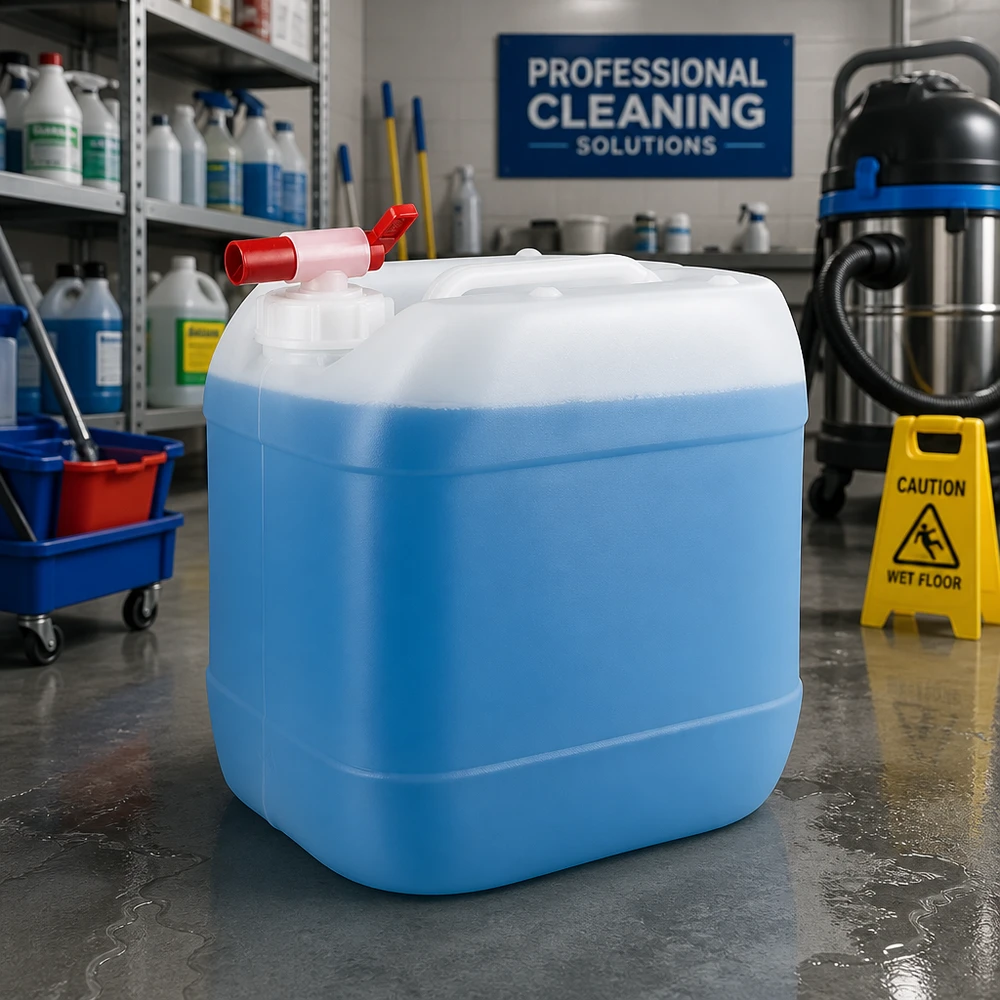Kanister 15 Liter mit Auslaufhahn Großer Flüssigkeitskanister 15L mit Zapfhahn gefüllt mit blauem Reinigungsmittel im Großhandel