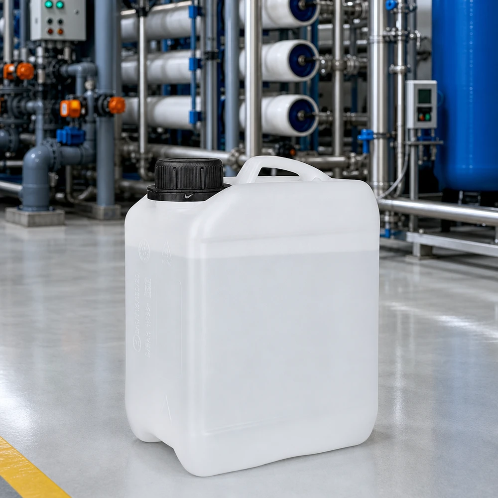 Tragbarer Chemikalienkanister 2,5 L natur-transparent mit geripptem Schwarzdeckel in Industriehalle