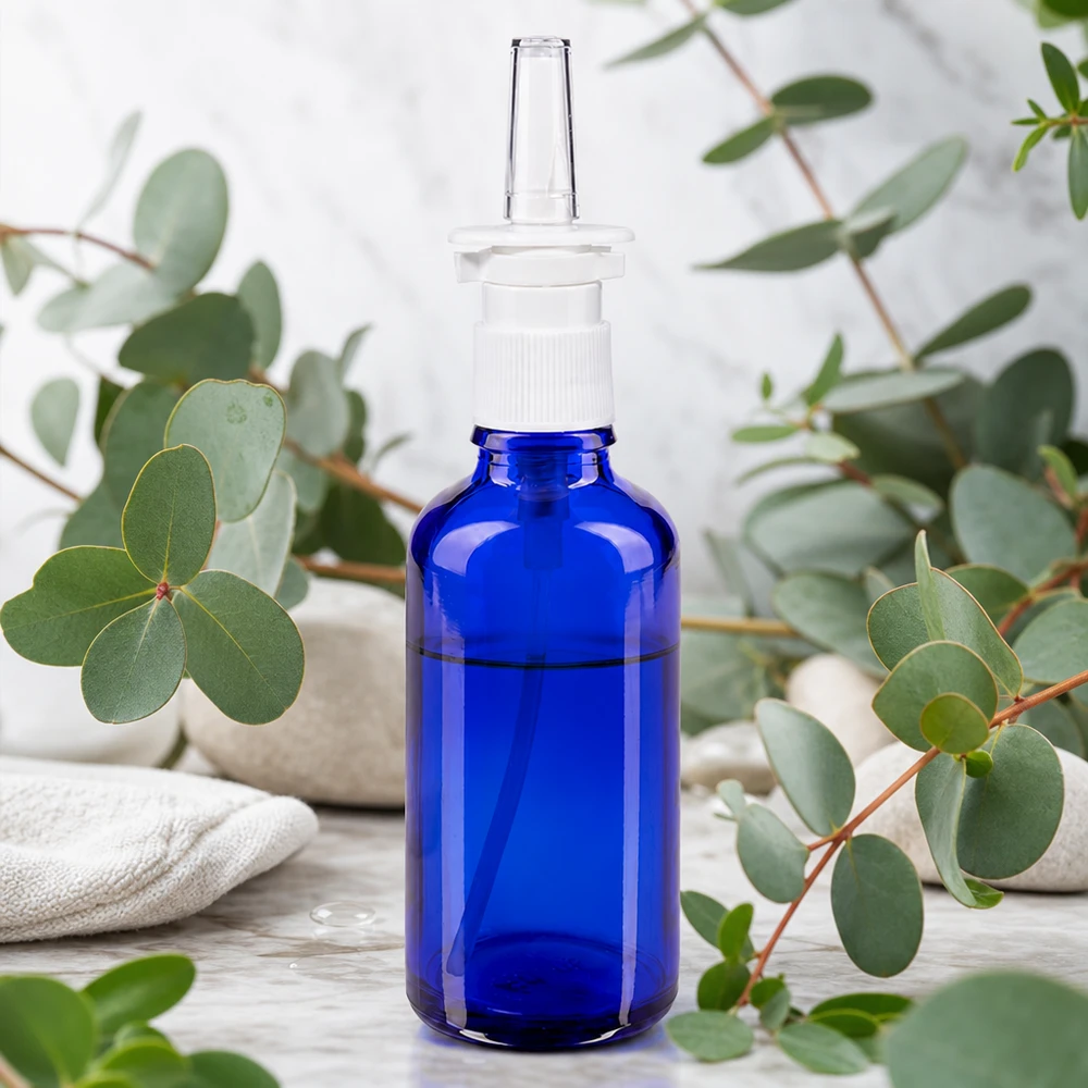 Apothekenflasche blau 50ml Nasenzerstäuber weiß Standard Medizinische Glasflasche kobaltblau 50ml mit transparenter Nasendüse und weißem Pumpkopf