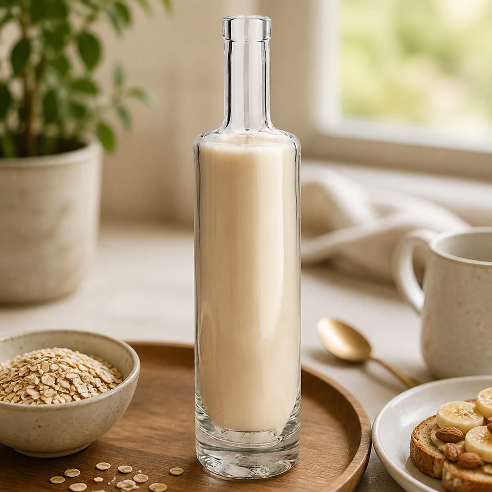 500ml Glasflasche "Centurio" ohne Verschluss UNiTWIST® 500ml Glasflasche Lina gefüllt mit Hafermilch in stilvollem Küchensetting mit Haferflocken und Frühstück Bild 3