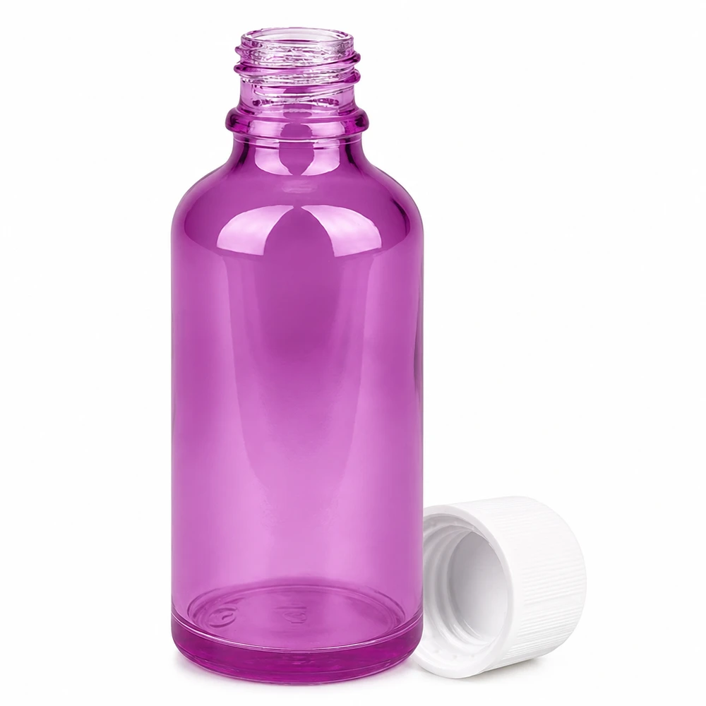 50ml Flasche 11mm Schraubverschluss weiß Standard Kindersicher PurpleLine UT18/50 Kleine 50ml Flasche aus violettem Glas mit weißem Sicherheitsverschluss für Laborgebrauch