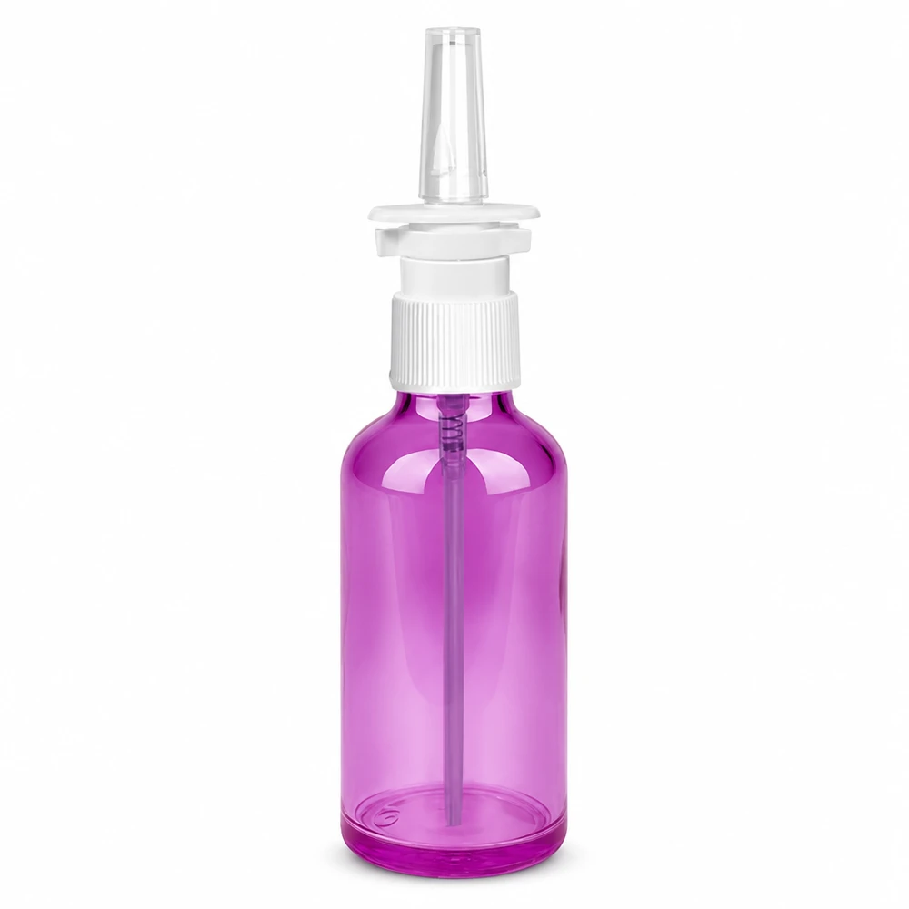 50ml Nasensprayflasche weiß/transparent Standard PurpleLine. UT18/50 Kleine 50ml Nasensprayflasche in Purple für unterwegs mit praktischem Sprühsystem