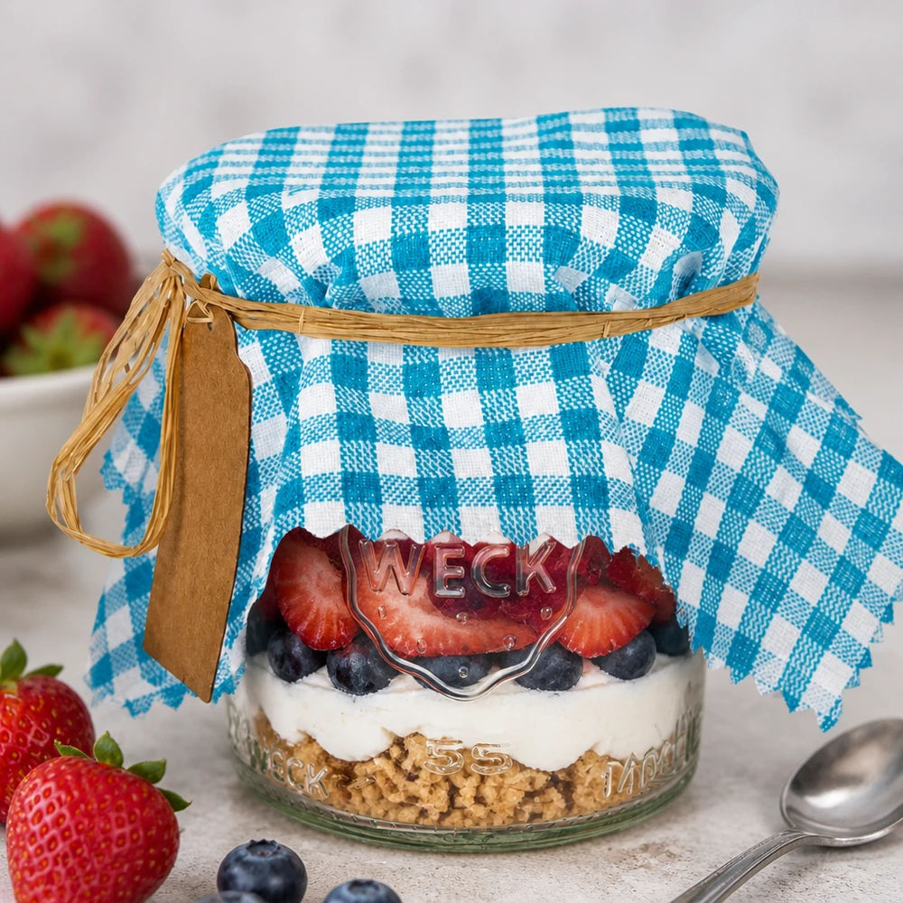 Stoff Schmuckdeckchen türkis-kariert 15cm eckig Türkis-kariertes Schmuckdeckchen 15cm auf Schichtdessert-Glas mit Beeren und Crumble als Küchengeschenk-Idee