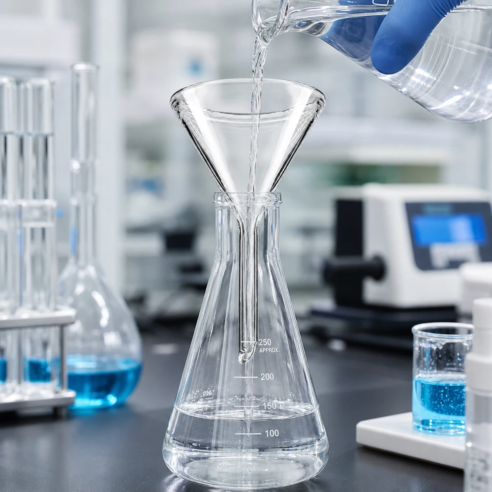 Trichter ø45mm Kalk-Soda, Winkel 60°, Kurzstil Kompakter Glastrichter 45mm mit optimaler Trichterform für tropffreies Umfüllen