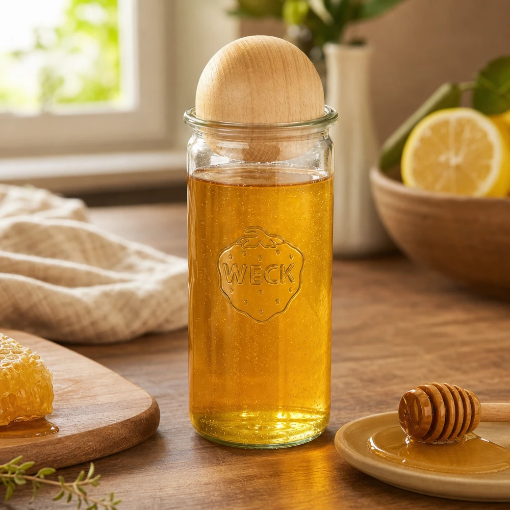 WECK Glas 1040ml RR80 mit Honig gefüllt und Buchenkugel-Verschluss neben Honiglöffel auf Holztisch