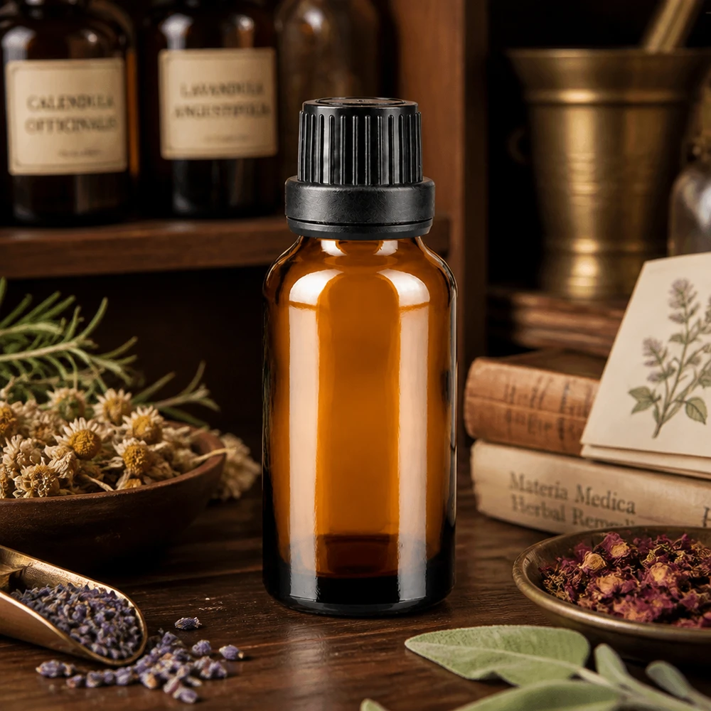 20ml ApoGlas Tropfflasche in Braun mit 2mm Einsatz vor vintage Materia Medica Kräuterbüchern