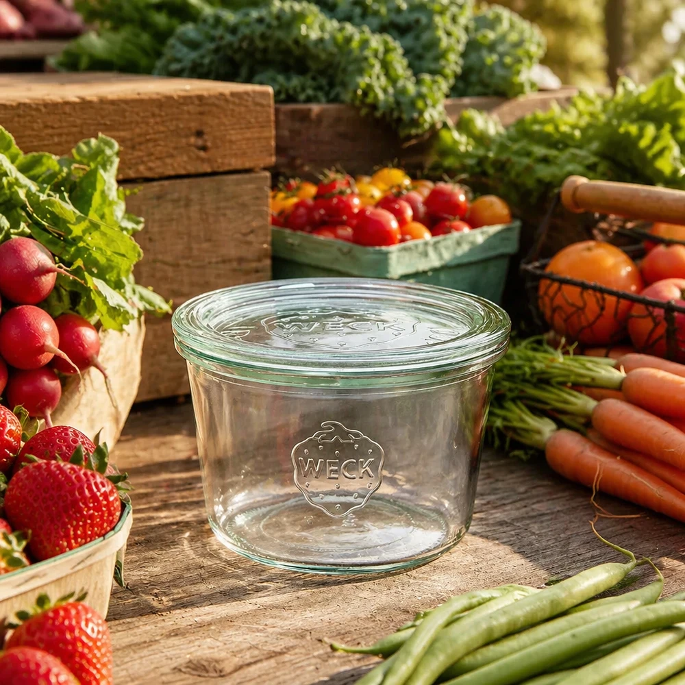 370ml Sturzglas mit Glasdeckel WECK RR100 WECK Sturzglas 370ml RR100 umgeben von frischem Gemüse und Obst auf Holztisch als Lifestyle-Aufnahme