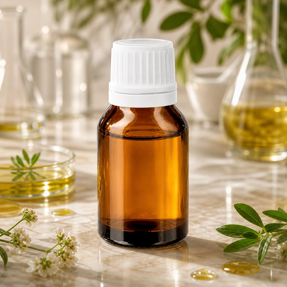 Pharmazeutische Braunglasflasche 15ml mit 1,2mm Tropfeinsatz zwischen weißen Blüten und grünen Kräutern