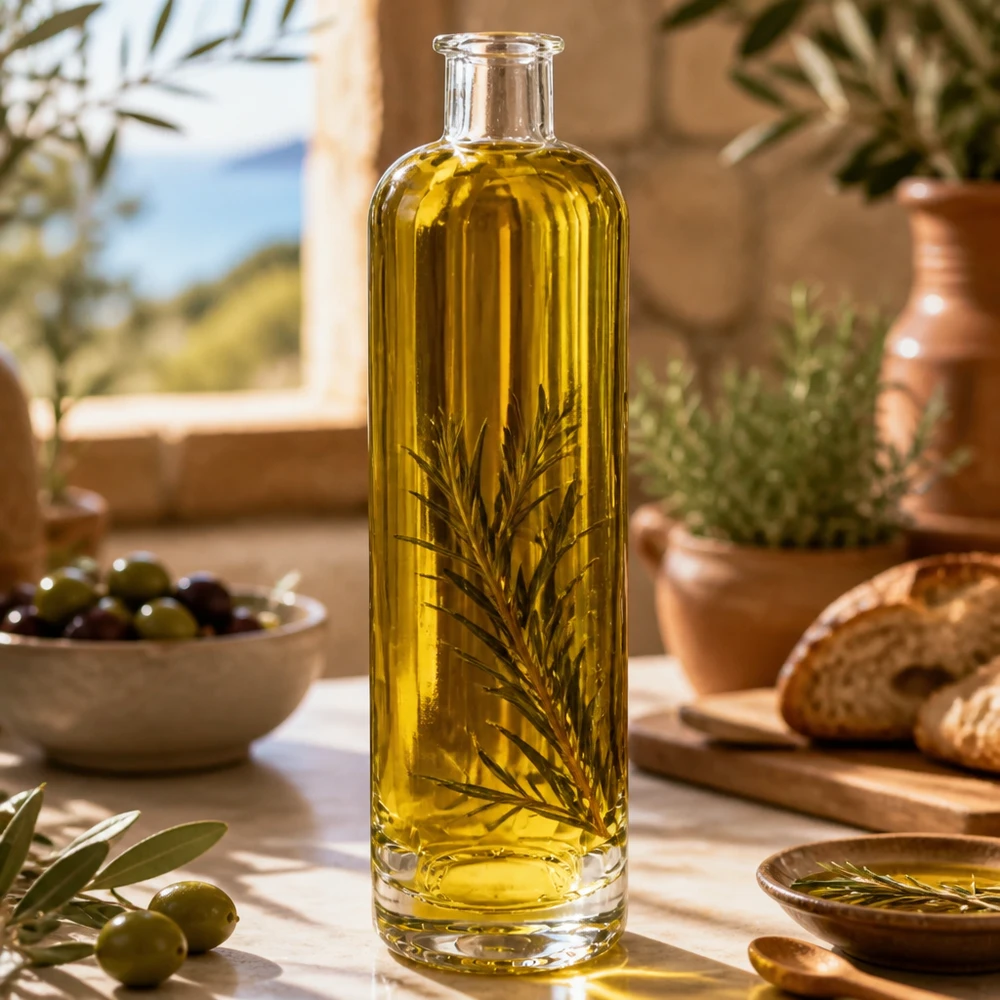 500ml Glasflasche "Ella" ohne Verschluss UNiTWIST 500ml Glasflasche Ella UNiTWIST mit Olivenöl und Rosmarin gefüllt mediterrane Küchendeko stilvolle Aufbewahrung