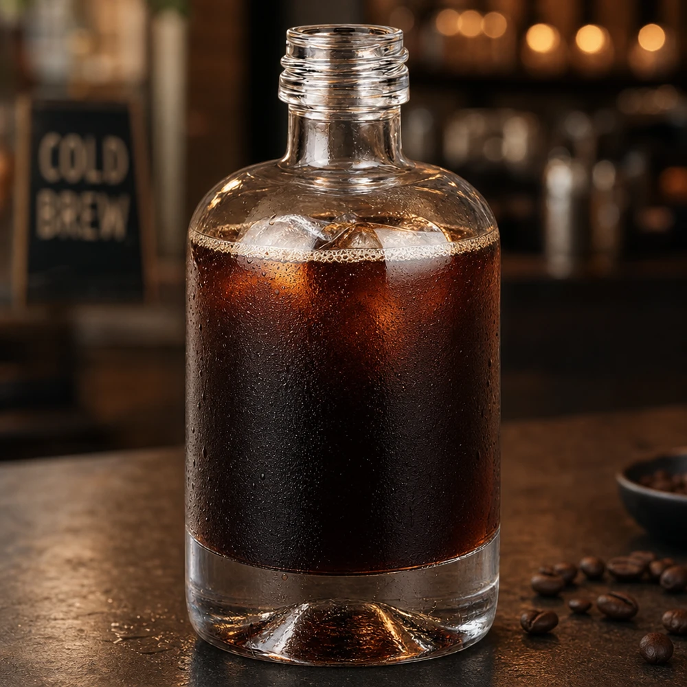 40ml Glasflasche "Sara" ohne Schraubverschluss UNiTWIST 40ml Glasflasche Sara mit Cold Brew Kaffee gefüllt umgeben von Kaffeebohnen in Café-Atmosphäre ohne Verschluss