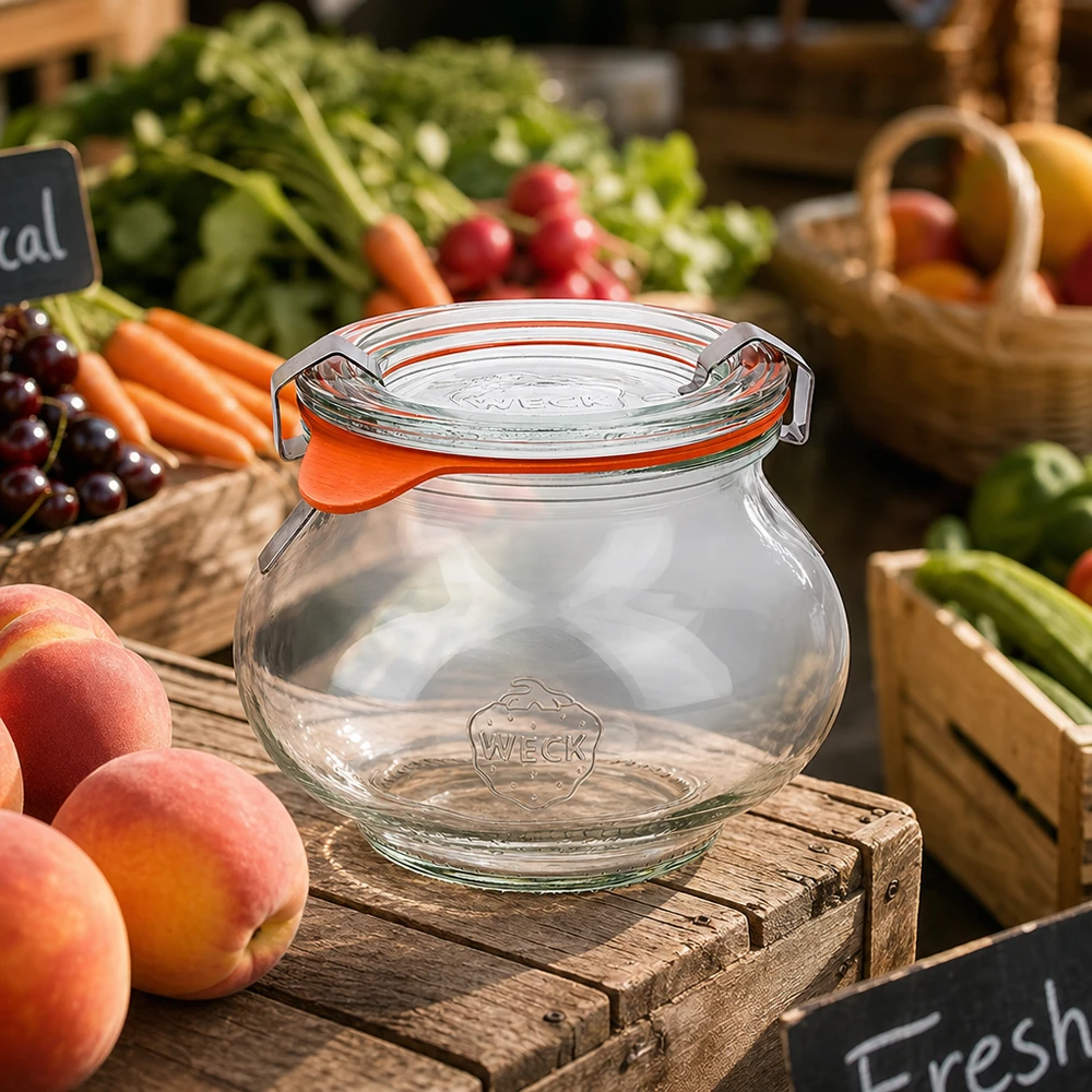 WECK Schmuckglas 220ml RR60 auf Holztisch mit frischem Obst und Gemüse, dekoratives Einmachglas im Marktambiente