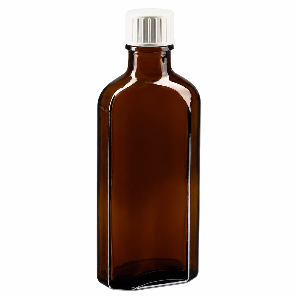 Braunglas Meplat Flasche 100 ml flache rechteckige Form mit kindersicherem Schraubdeckel