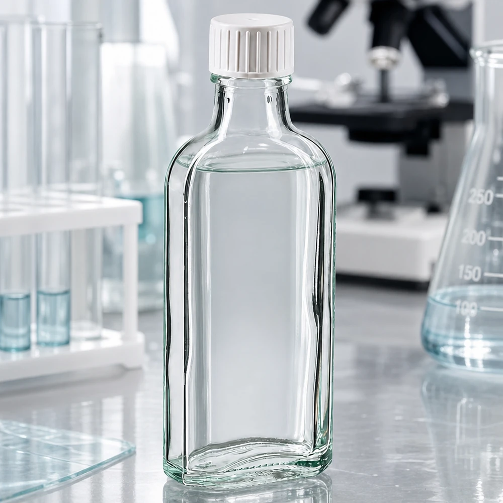 Rechteckige klare 100ml Pharmaflasche mit geripptem Kunststoffdeckel und integriertem Gießring