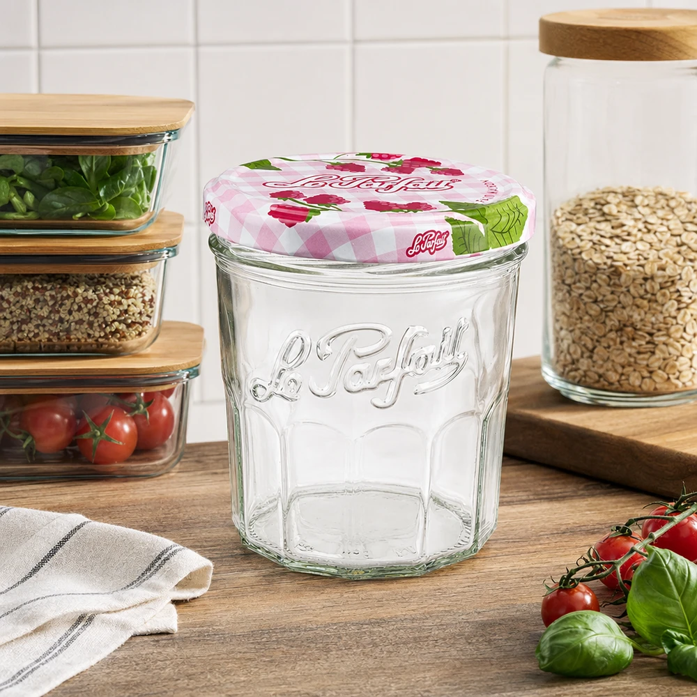 324ml Le Parfait Sturzglas leer auf Holzbrett in moderner Küche mit Vorratsgläsern und frischen Tomaten