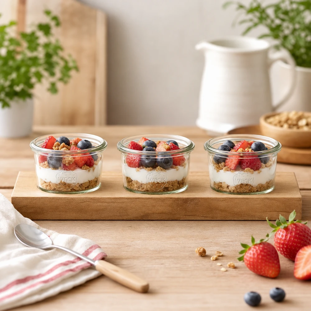Servierbrett Plano3 mit 3 Weck Sturzgläsern 80ml Holz-Servierbrett Plano3 mit Weck Sturzgläsern 80ml als Joghurt-Parfait mit Beeren und Granola in heller Küche