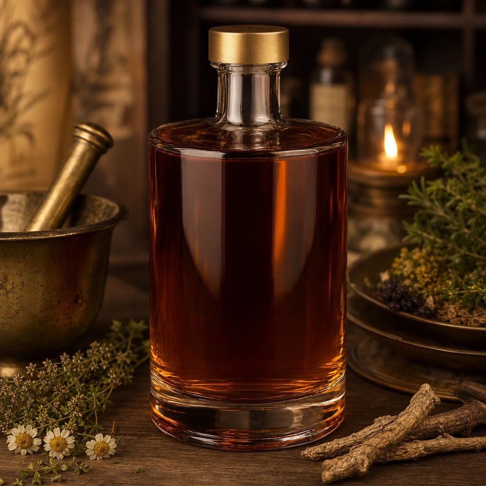 500ml Glasflasche "Sam" + Schraubverschluss gold UNiTWIST 500ml Glasflasche Sam mit Kräutern und Gewürzen rustikale Apotheker-Atmosphäre UNiTWIST Verschluss gold braune Tinktur